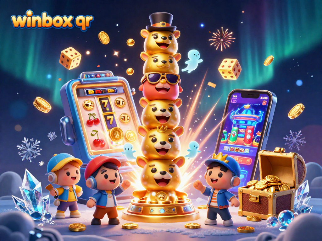 Winbox QR: Enchanting 3D casino illustration bursting with vibrant slot machine action.