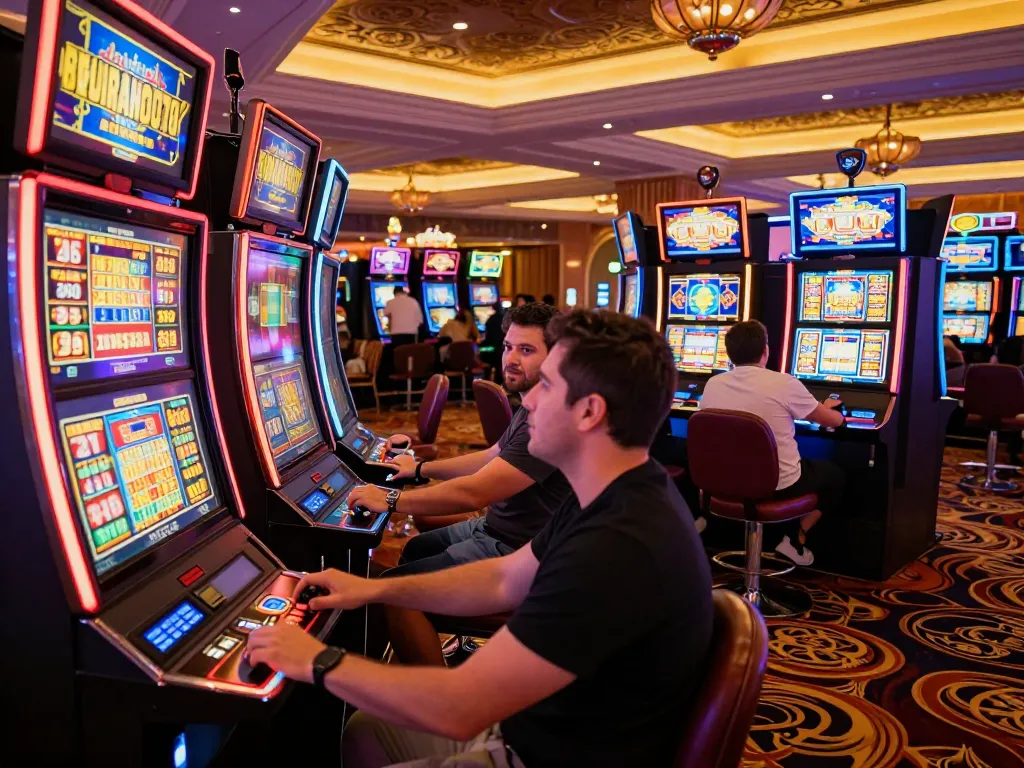 Players at LGOLUX slot machines eagerly engaging in thrilling gameplay, bright screens flashing jackpots