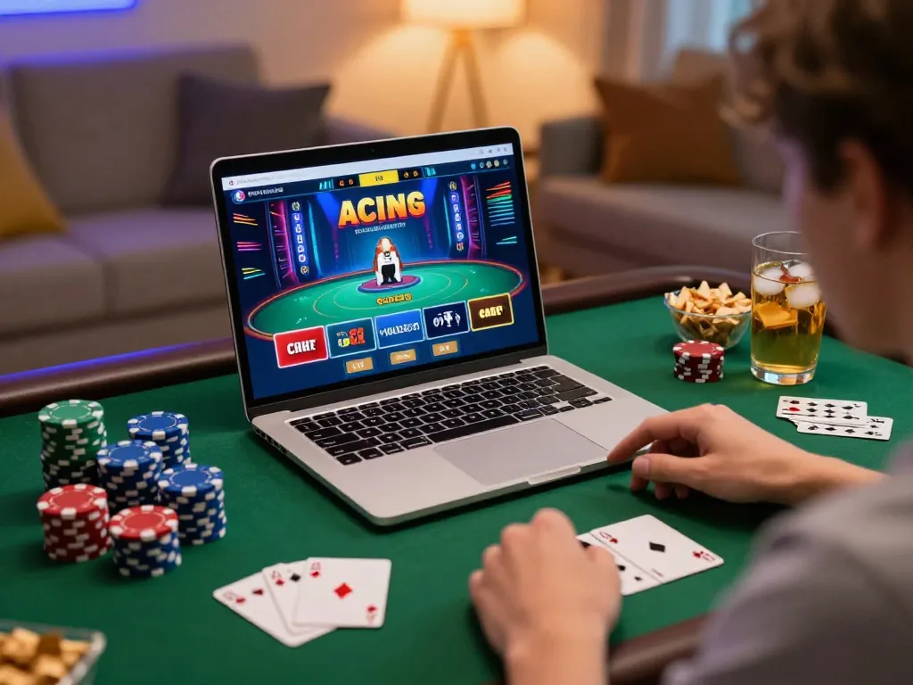 Player enjoying cm88viet online casino game on laptop surrounded by poker chips and snacks