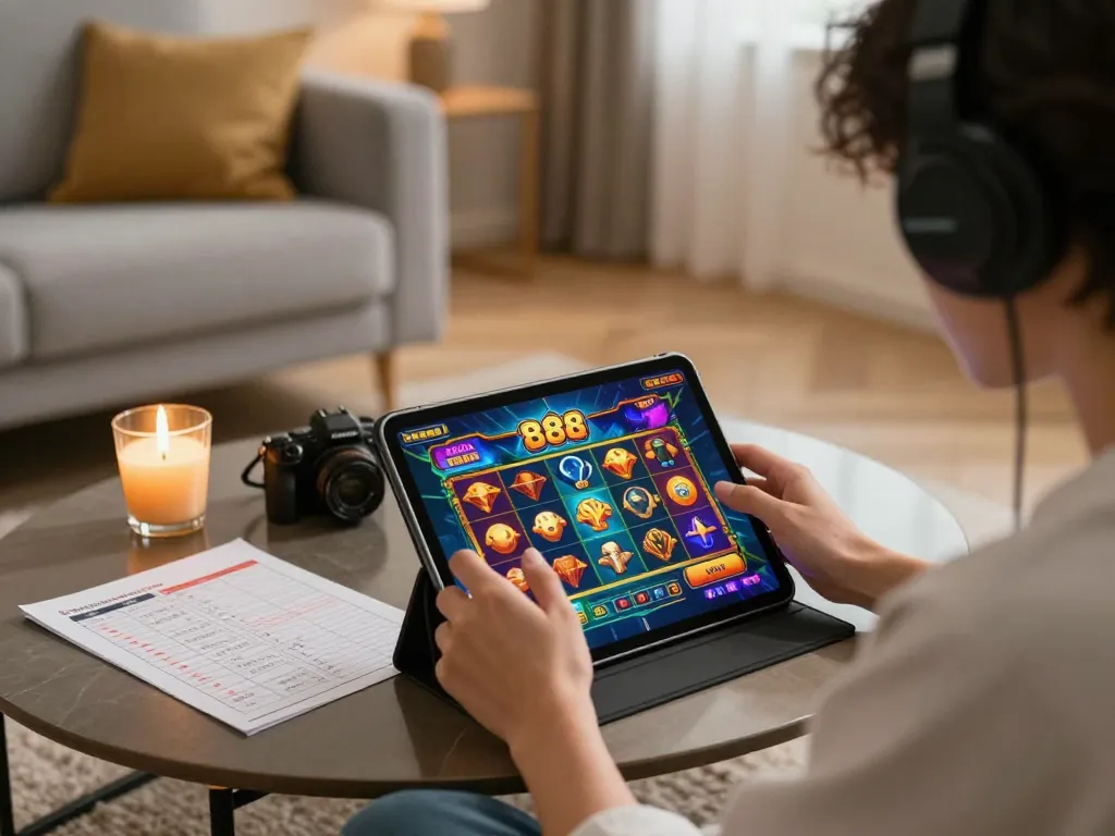 Engaging home scene showcasing a player immersed in slot88 gaming on a tablet, emphasizing strategic gameplay.