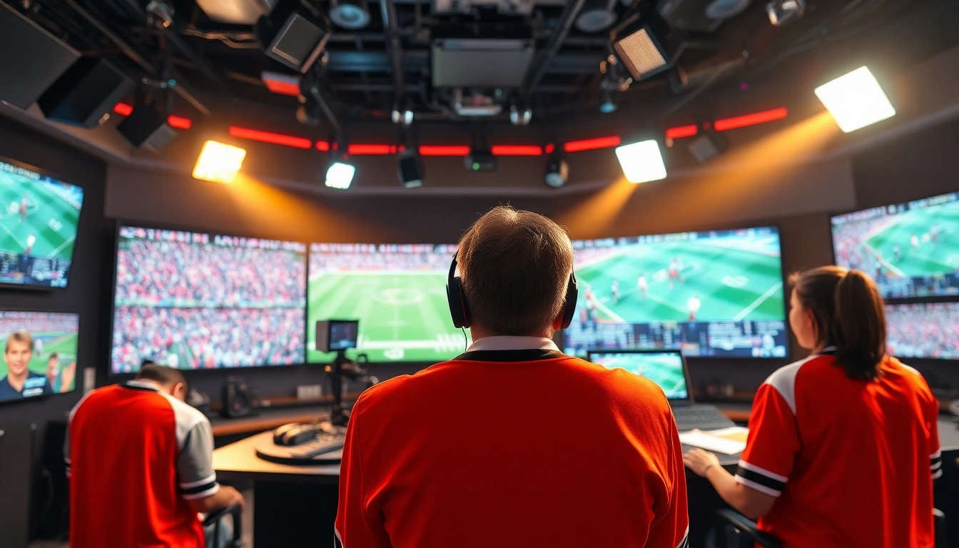 Host presenting in a professional Sports Broadcasting studio with lively sports visuals.