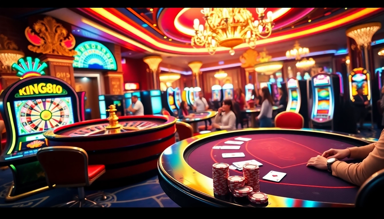 Engaged players at a luxurious casino featuring king88 .com elements and vibrant gaming tables.