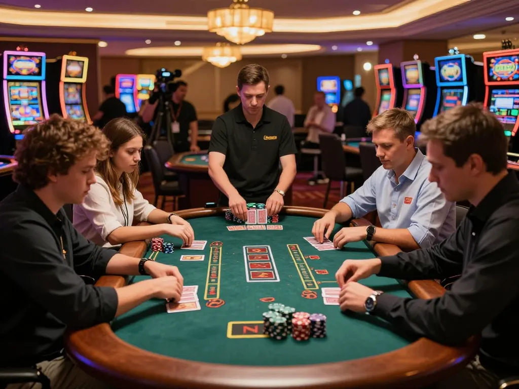 Pemain yang terlibat di meja blackjack selama turnamen di https://www.gamestoursfestival.com/programme/, menampilkan suasana kasino yang mendebarkan.