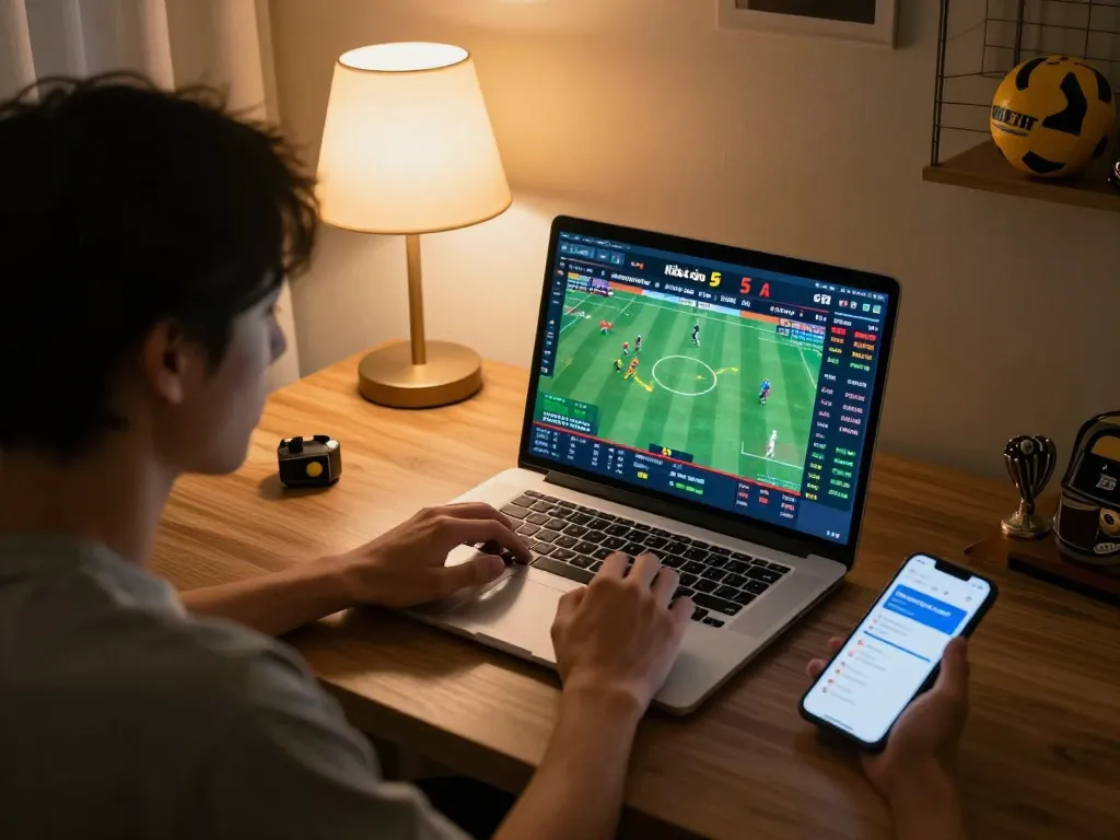 Kèo nhà cái 5 overview with a user analyzing sports odds on a laptop while placing bets on a mobile device