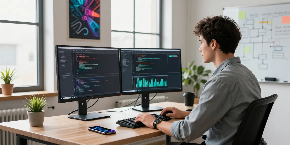 Developer at https://alo8app.win/ coding in a modern workspace, showcasing productivity and creativity with vibrant tech elements.