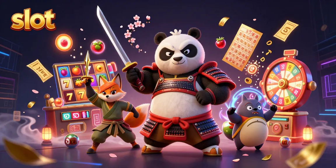 Engage with thrilling slot games as the samurai panda and ninja fox enjoy colorful spinning reels.