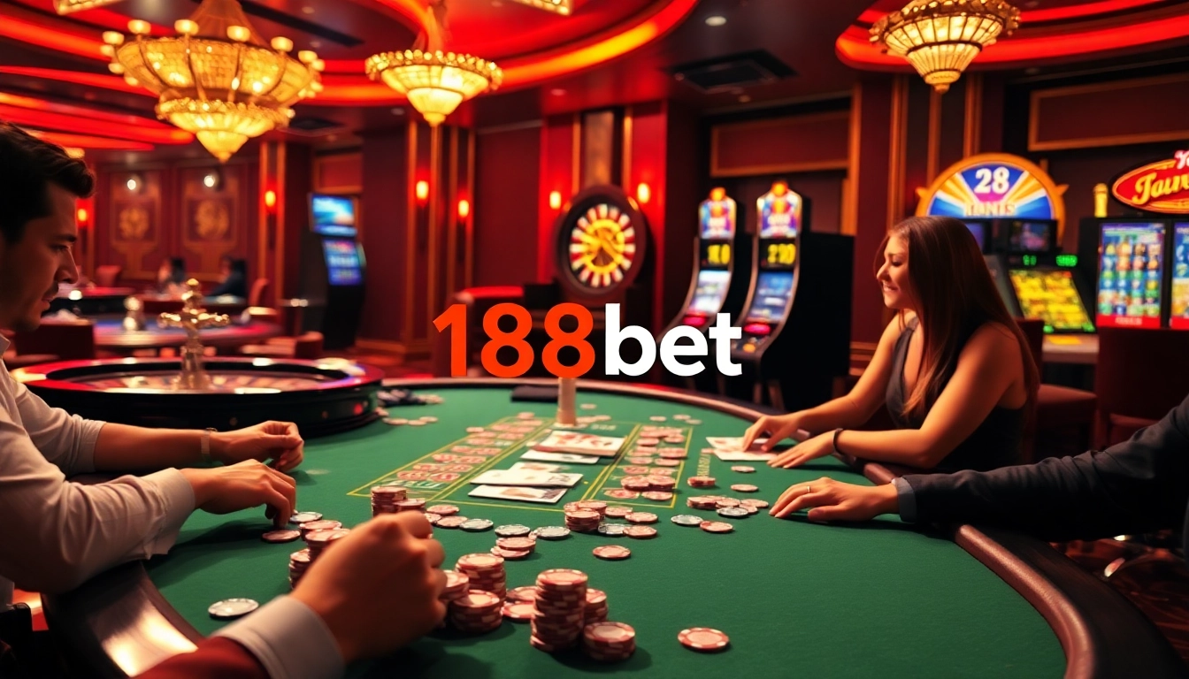 Players enjoying the excitement of 188bet at a casino table, with cards and chips in action.