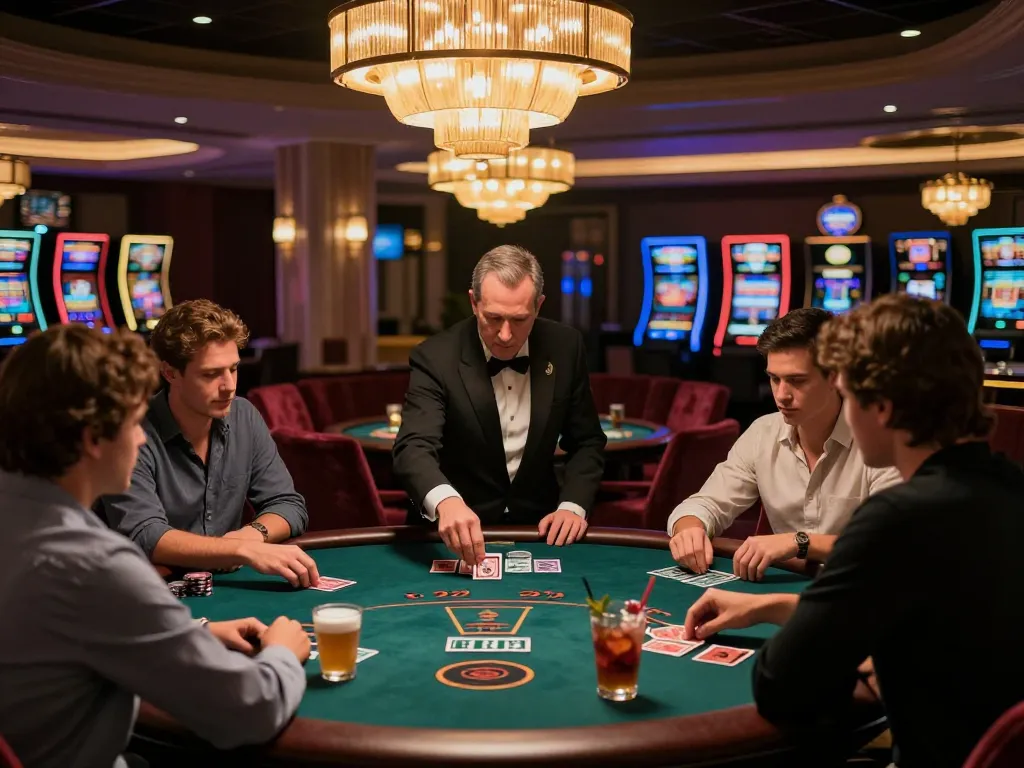 Players engaged in a high-stakes blackjack game at LuckyIndex's upscale casino setting.