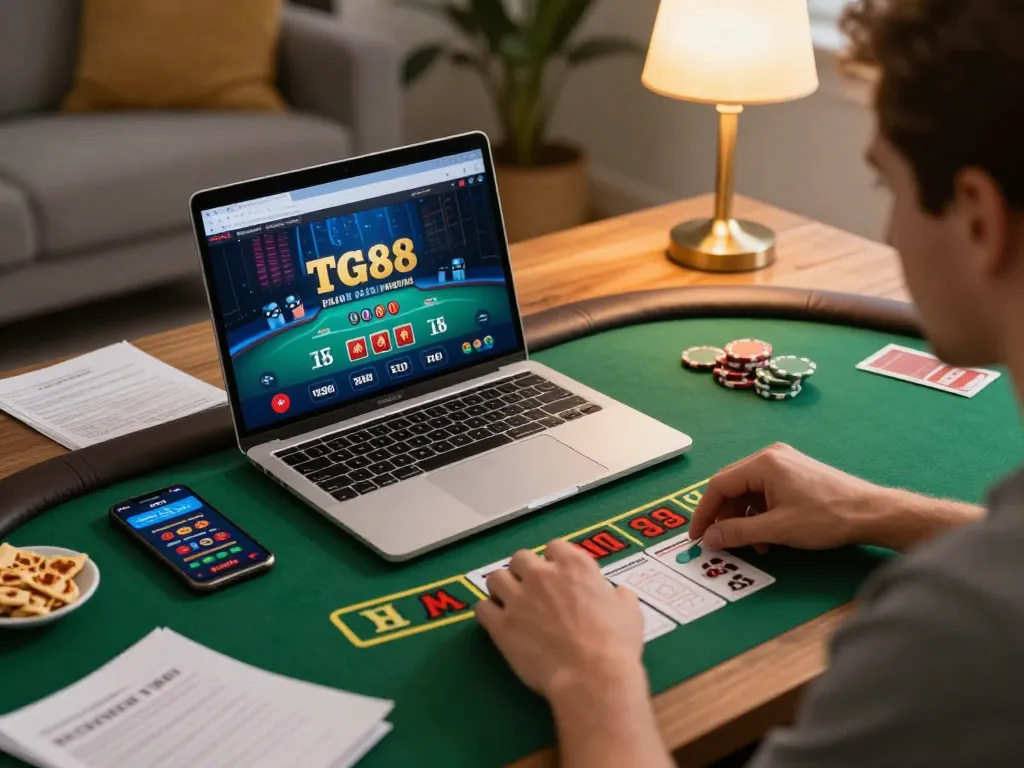 Player engaging in live casino game TG88 on laptop in a cozy home environment