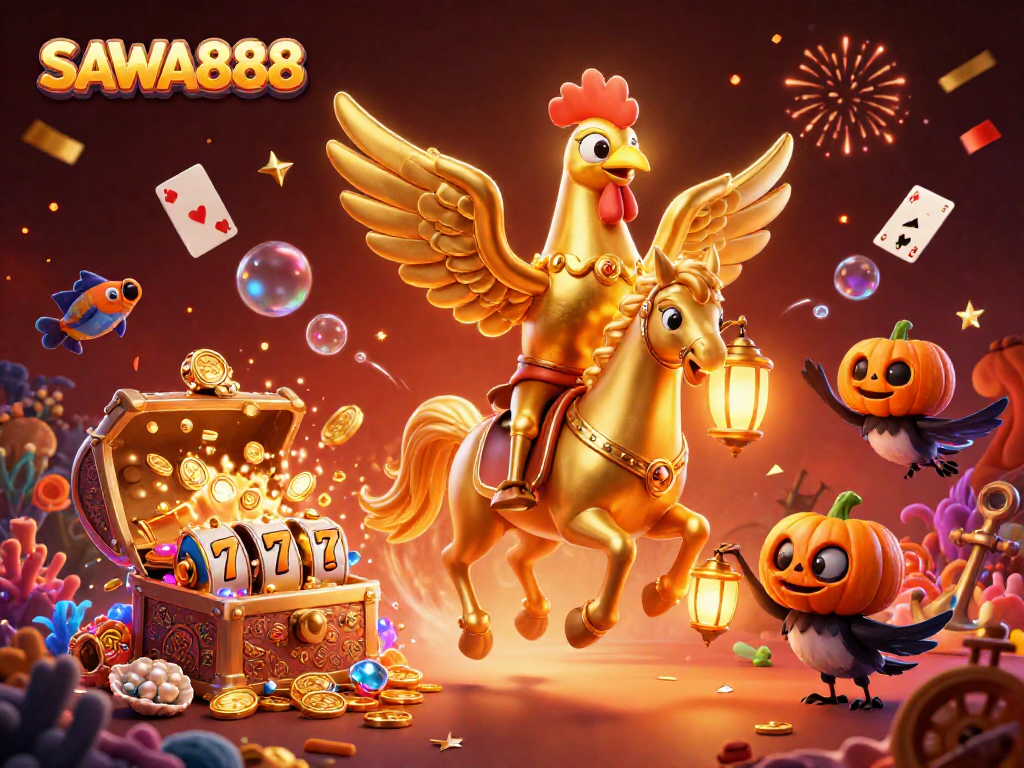 Experience the thrill at SAWA888 with a golden rooster and casino wonders illustrated.