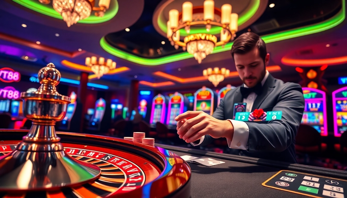 Place bets and win at VT88 with vibrant casino visuals of poker chips and a roulette wheel.
