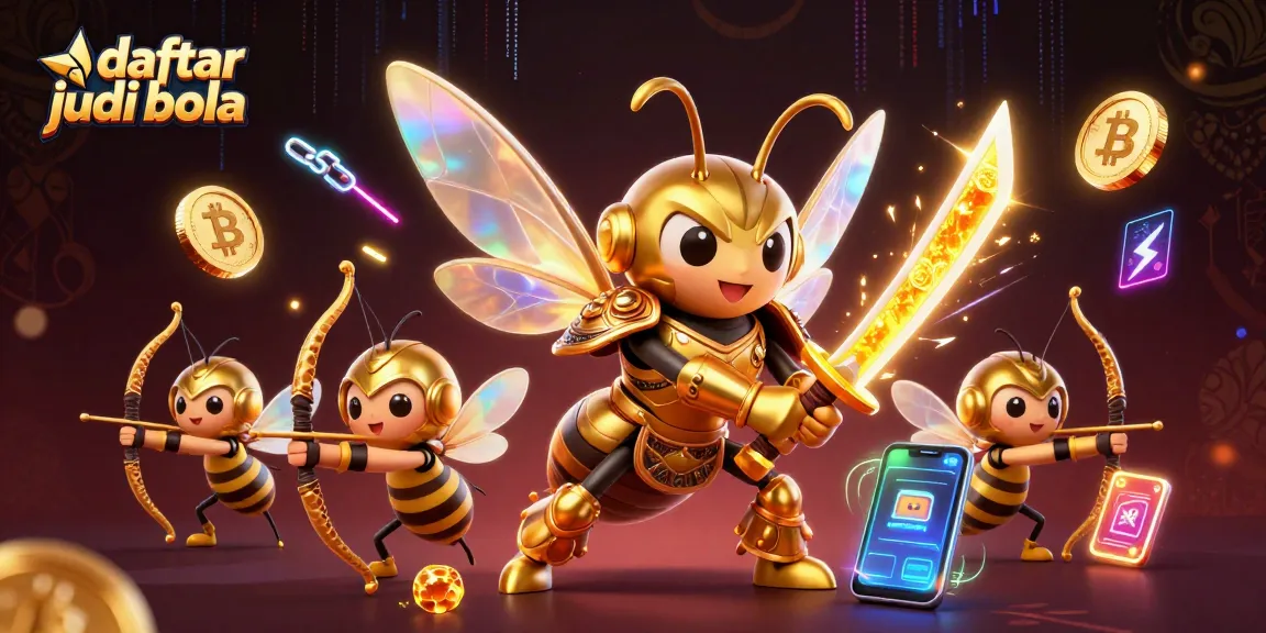 Engage in daftar judi bola with 3D characters featuring a golden hornet samurai and cryptocurrency elements.
