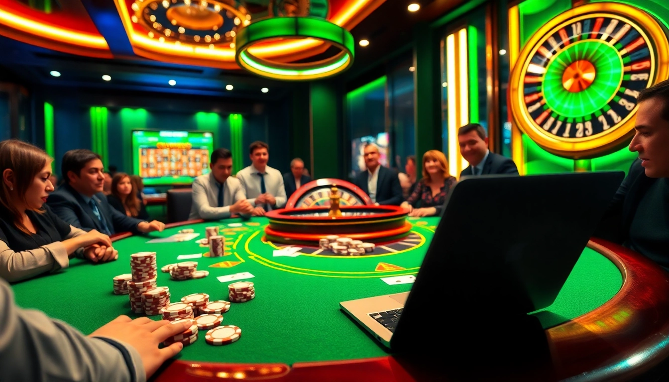 Players enjoying gamebai at a luxurious casino table with vibrant poker chips and cards.
