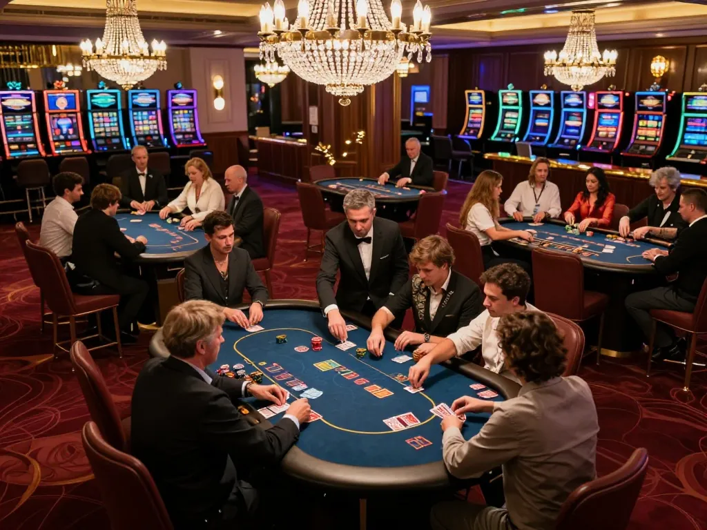 Players at 789club engage in poker under warm lighting, experiencing a vibrant casino atmosphere.