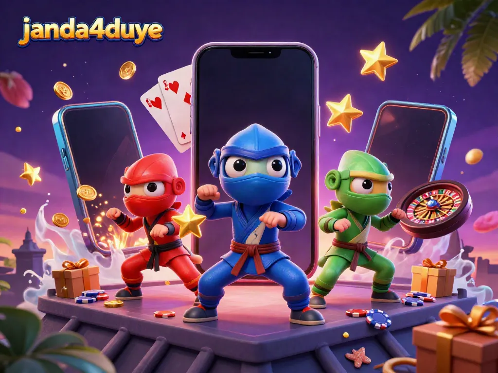 JANDA4DUYE: Ninja chameleon bermain slot di rooftop dengan berbagai elemen kasino.