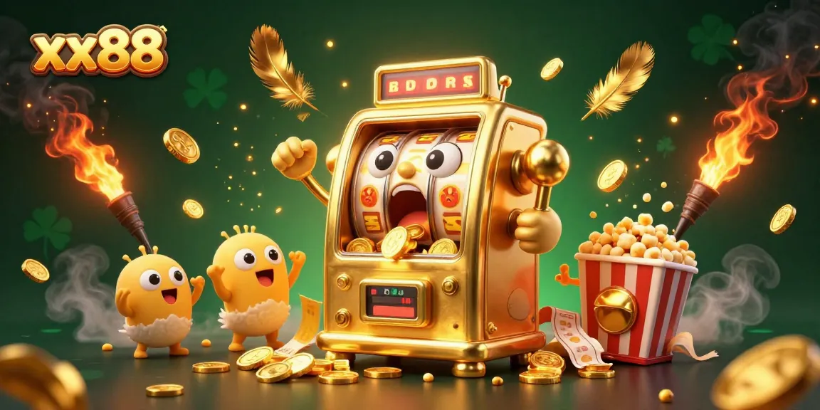 xx88's vibrant jackpot celebration with a funny golden slot machine and cheering mini machines.