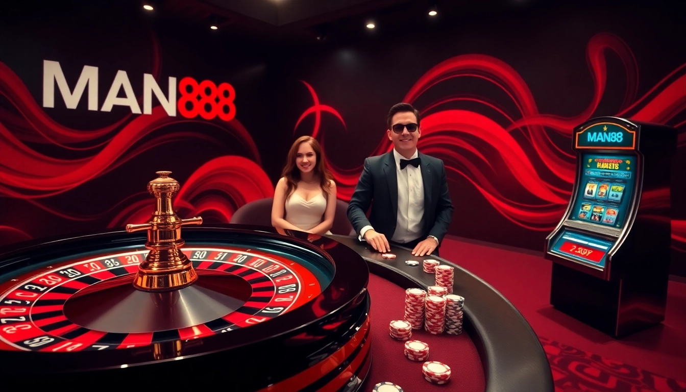 Engaged players enjoying the thrilling experience of Man88 online casino games with vibrant roulette wheels and poker chips.