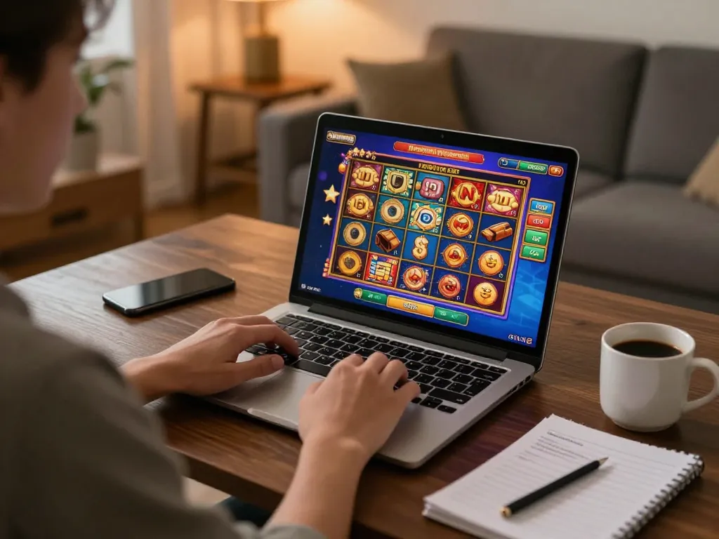 Person enjoying situs slot gacor gameplay on a laptop in a cozy home environment, emphasizing strategic gambling enjoyment