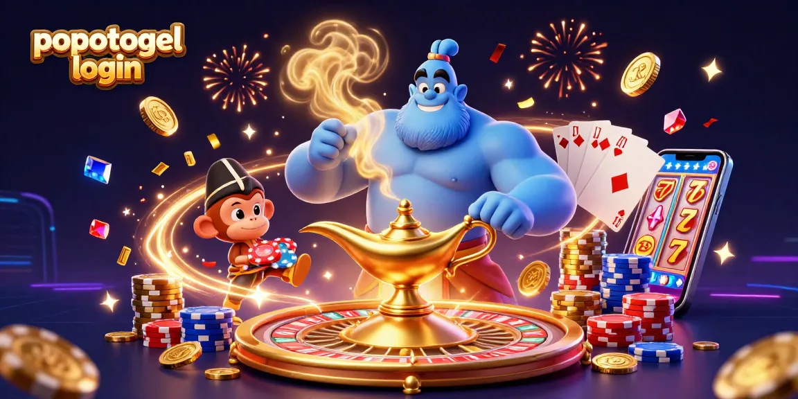 Engage with popotogel login as a cartoon genie brings casino fun to life with vibrant chips and winnings.