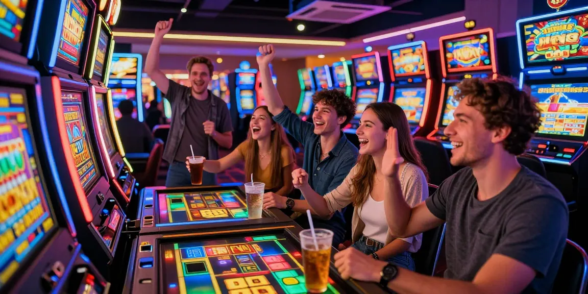 Slot gacor: suasana kasino dengan teman-teman bermain mesin slot dan merayakan kemenangan.