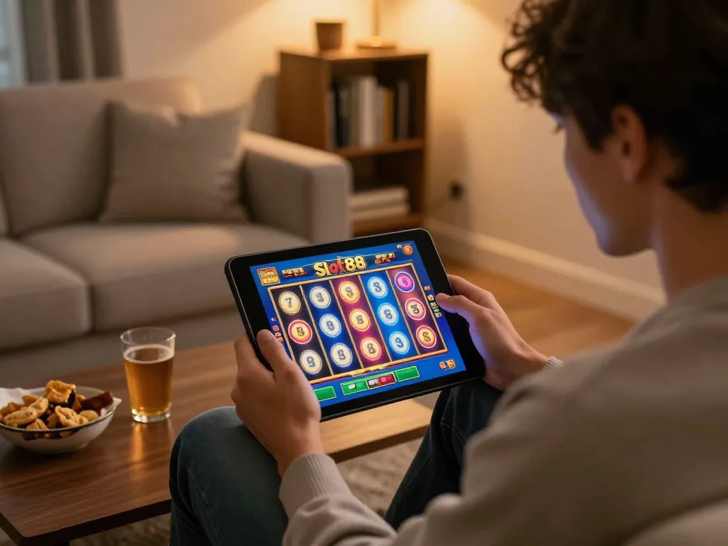 Engaging with Slot88 on a tablet in a cozy living room, showcasing vibrant gameplay and a relaxed atmosphere.