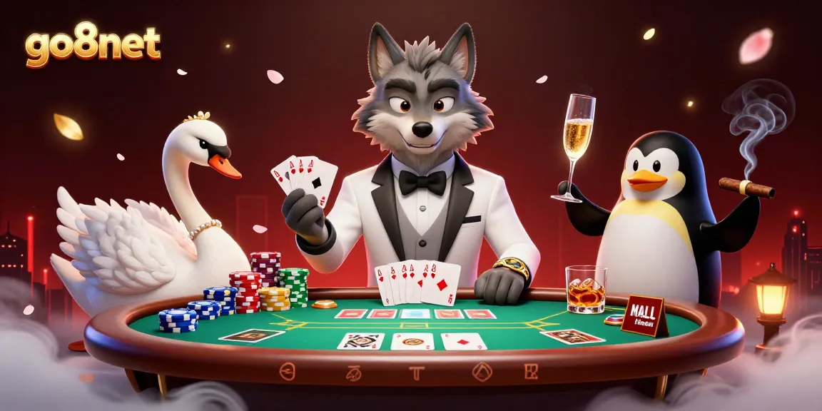 Engage with go8net's thrilling casino atmosphere, showcasing a debonair wolf at baccarat.