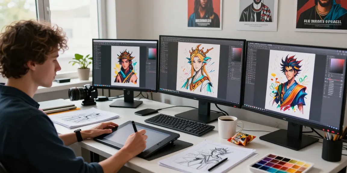 Engaged artist creating NSFW AI illustrations in a vibrant studio setting.