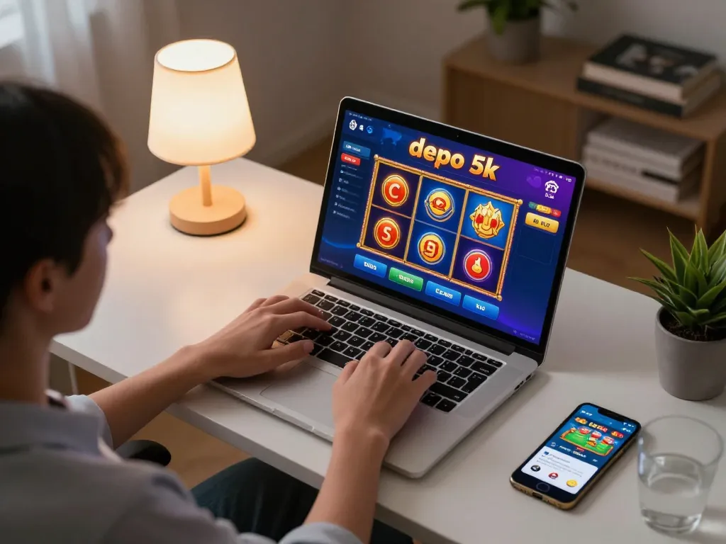 Engaging online gaming setup showcasing slot depo 5k interface with vibrant slots and betting options