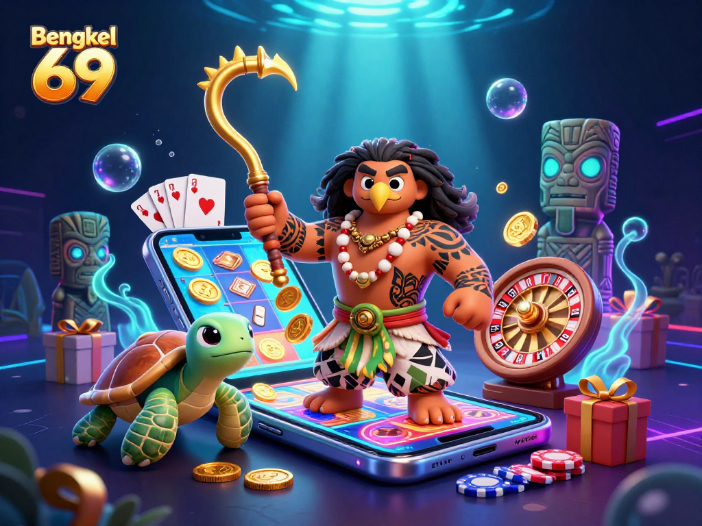 Engage with thrilling slots at Bengkel 69 featuring Polynesian demigod and vibrant game elements.