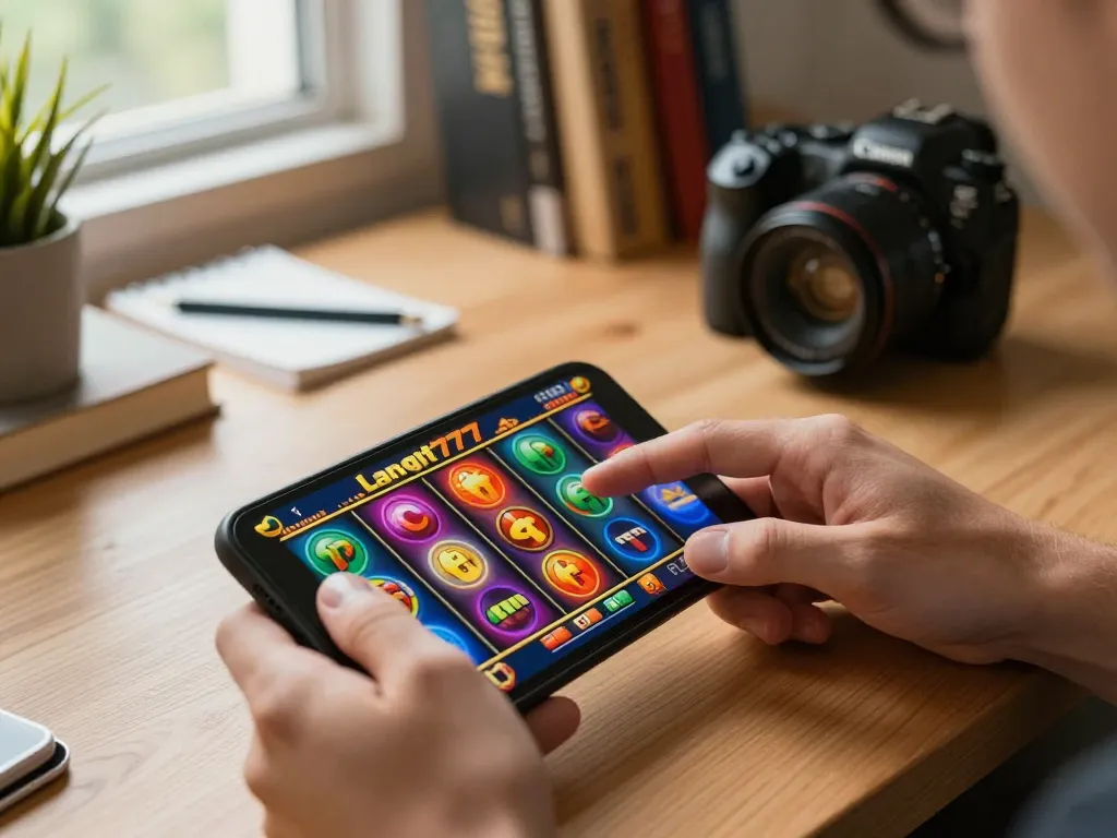 Langit777 player enjoying a vibrant online slot game on smartphone in cozy home office.