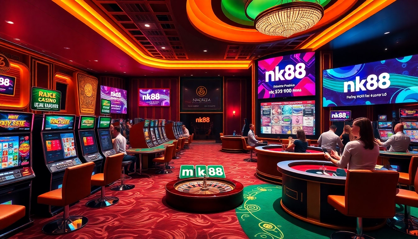 Experience nk88 online gaming thrill with vibrant slot machines and luxury poker tables.