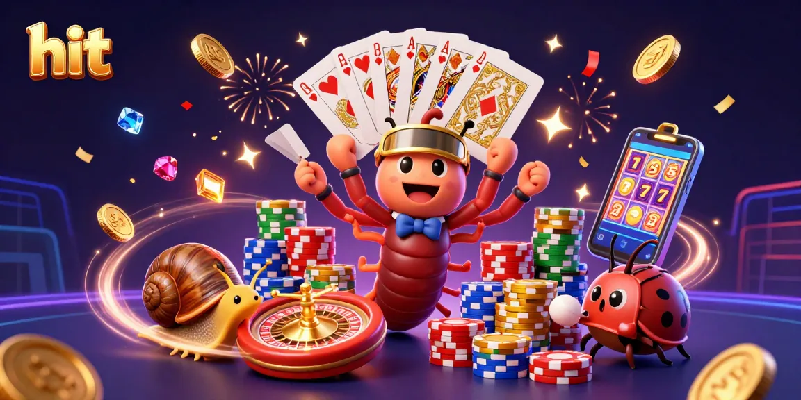 Hit the jackpot with a vibrant scene featuring a cartoon millipede dealer showered in sparkling gems and vibrant casino elements.
