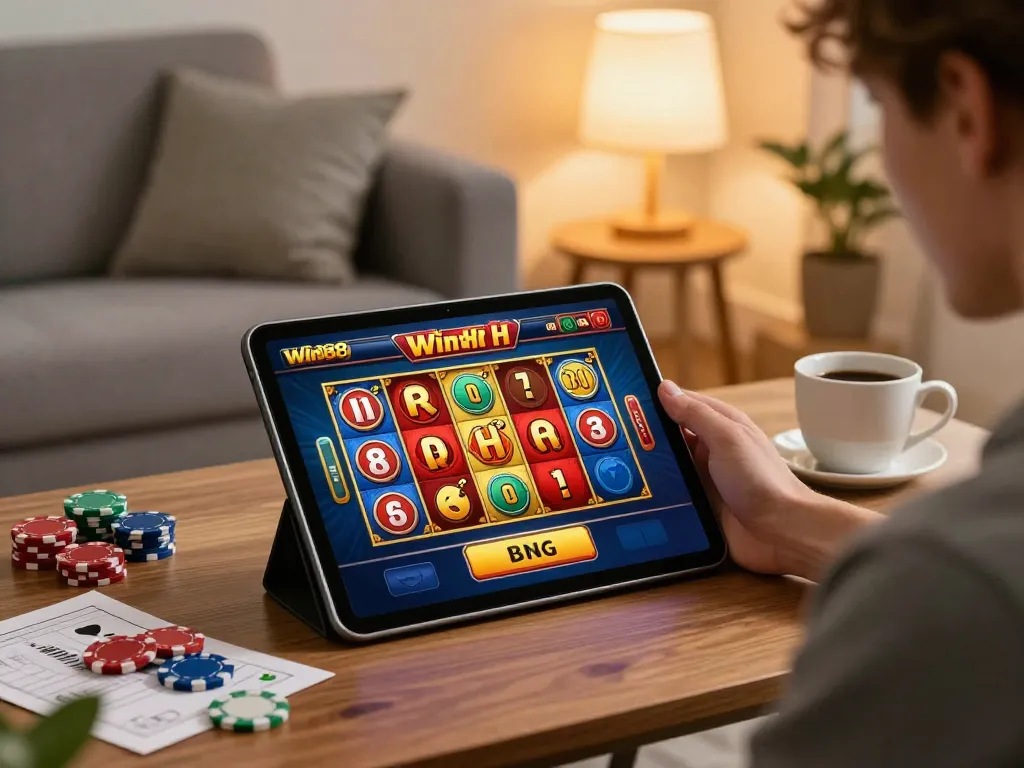 Engaging with Win88 nổ hũ on a tablet, surrounded by poker chips and strategy notes.