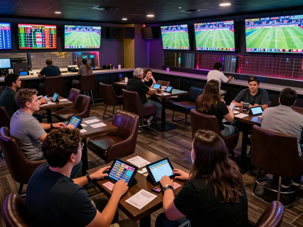 Engaged sports fans checking kèo nhà cái hôm nay at a lively betting lounge.
