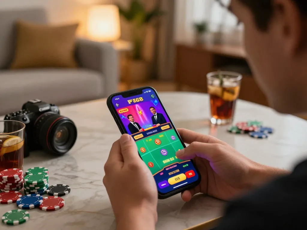 F168 user engaging in live dealer games on a smartphone app while enjoying a cozy home setup.