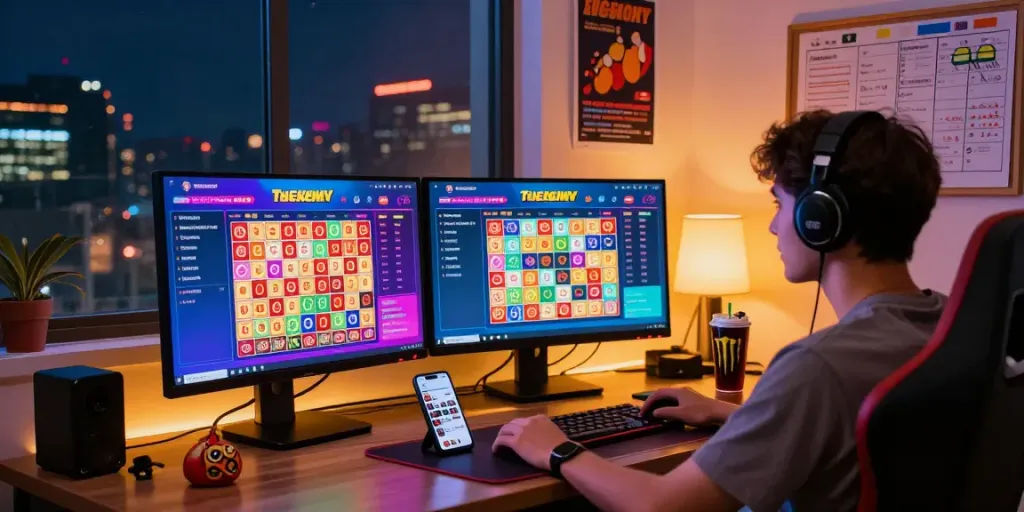 Engaging home gaming setup showcasing TOGEL ONLINE gameplay with vibrant screens, energy drinks, and lucky charms.