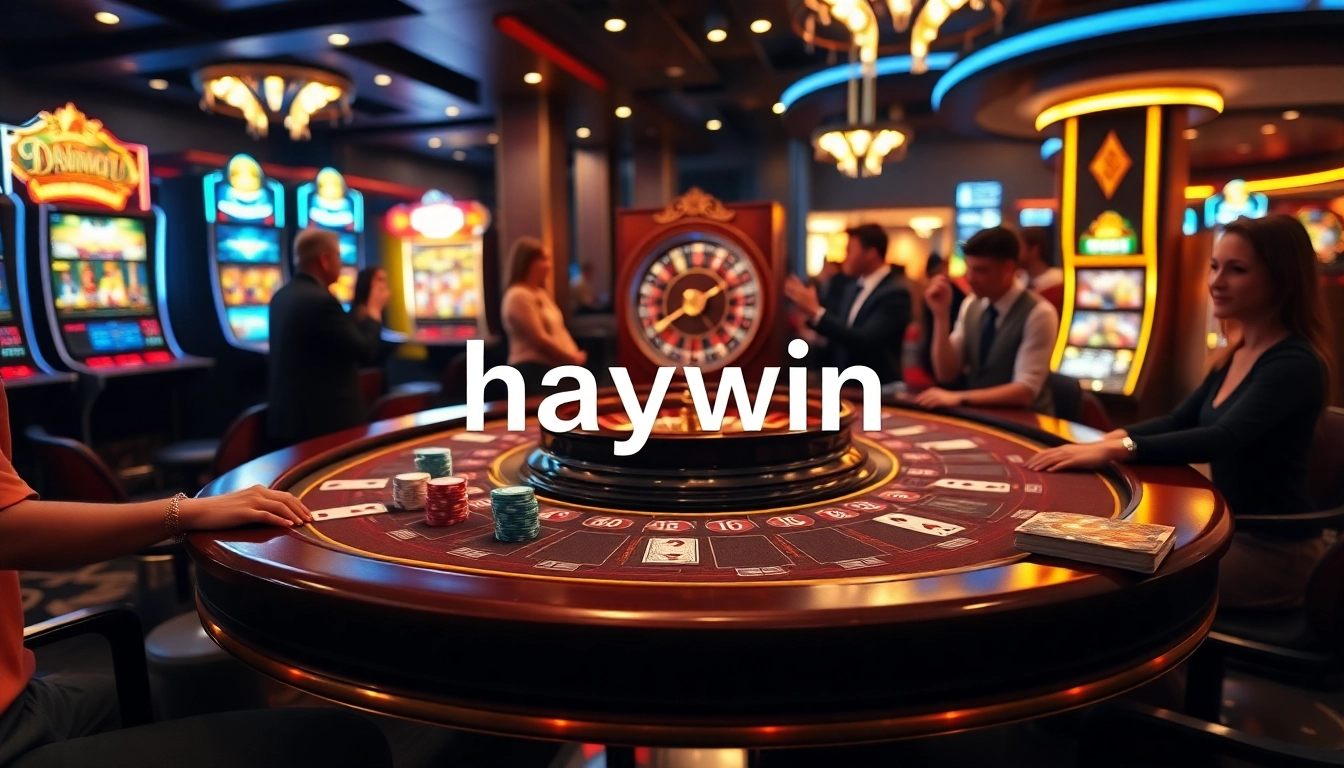 Gamblers enjoying a professional casino atmosphere at a poker table featuring haywin branding.