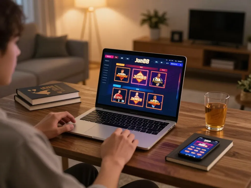 Person enjoying online gaming at home with Jun88 casino app, showcasing interactive gameplay.