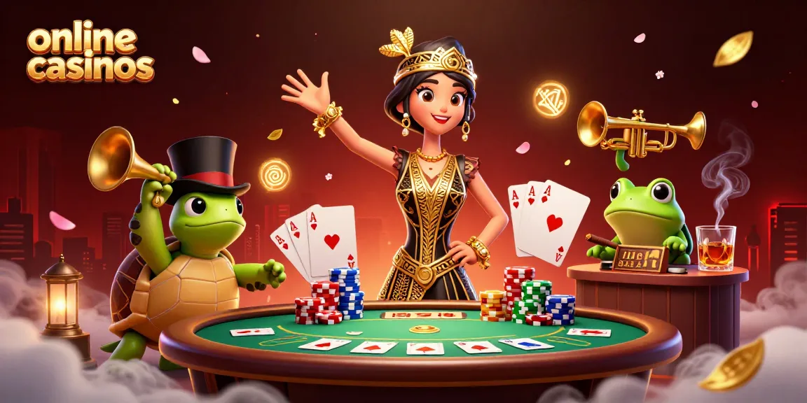 Engage with online casinos through a vibrant 3D scene featuring lively characters and dynamic gaming elements.