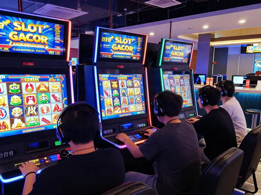 Thrilling SLOT GACOR gaming scene with excited players and vibrant virtual slot machines.