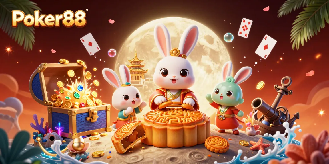 Experience Poker88 with a dynamic illustration of a moon rabbit and poker chips revealing hidden treasures.