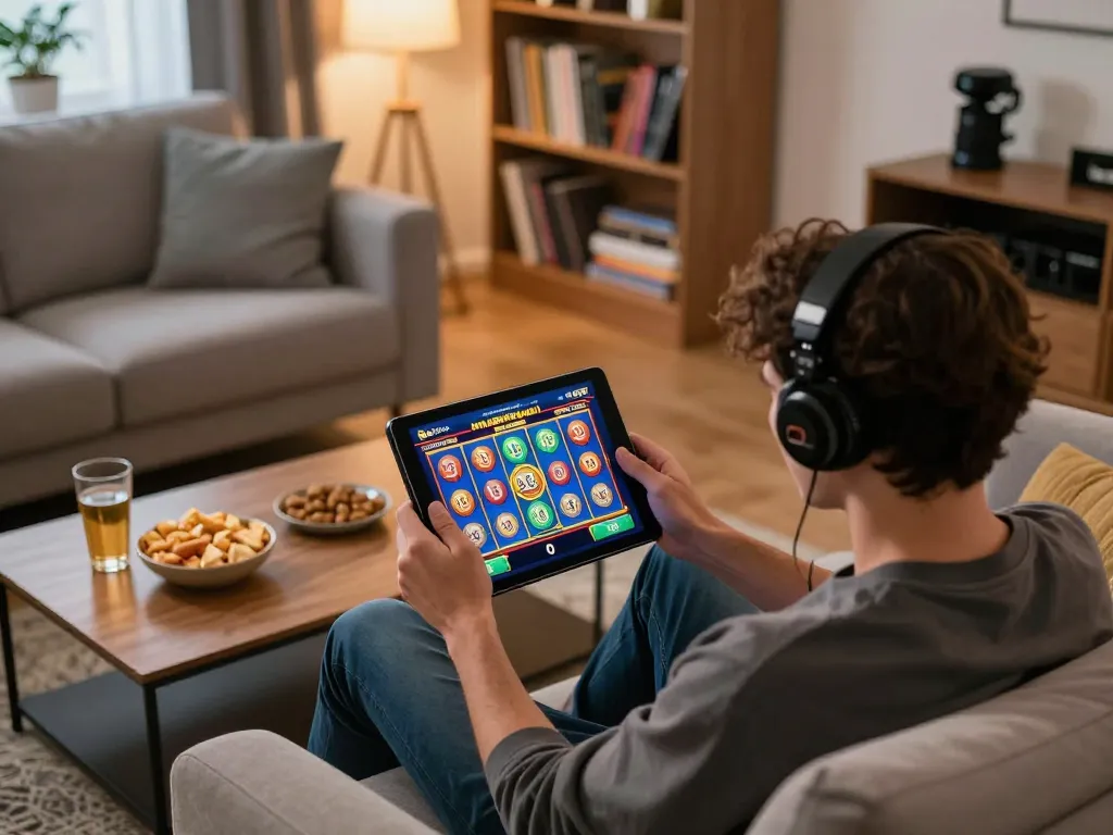 Engaging in slot online gaming on a tablet in a cozy living room with strategic notes and snacks.