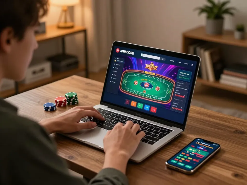 IDNSCORE player enjoying an online gaming session on a laptop, with vibrant casino graphics and betting options displayed.