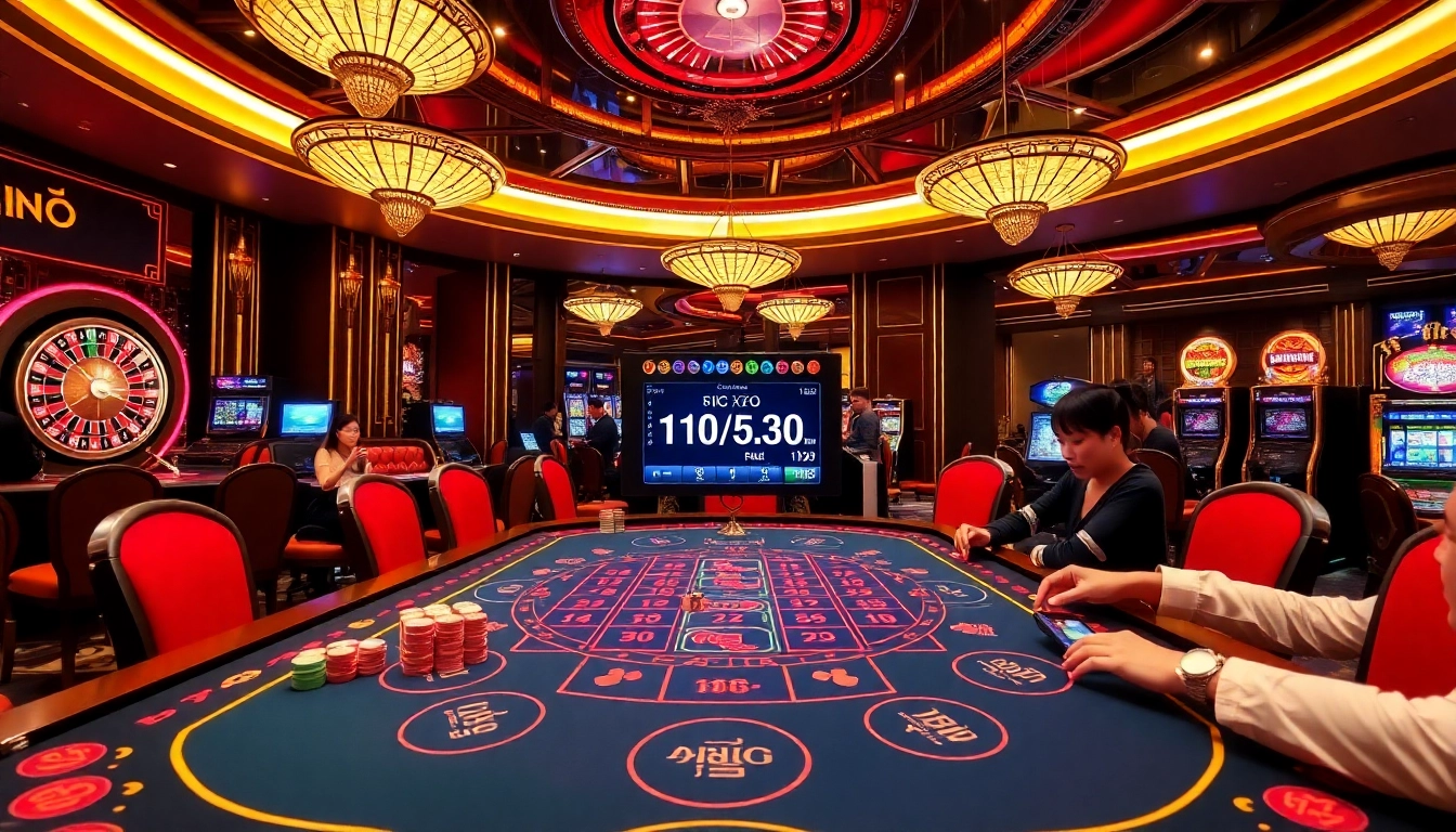 Engaging players at a game tài xỉu table in a vibrant casino atmosphere.
