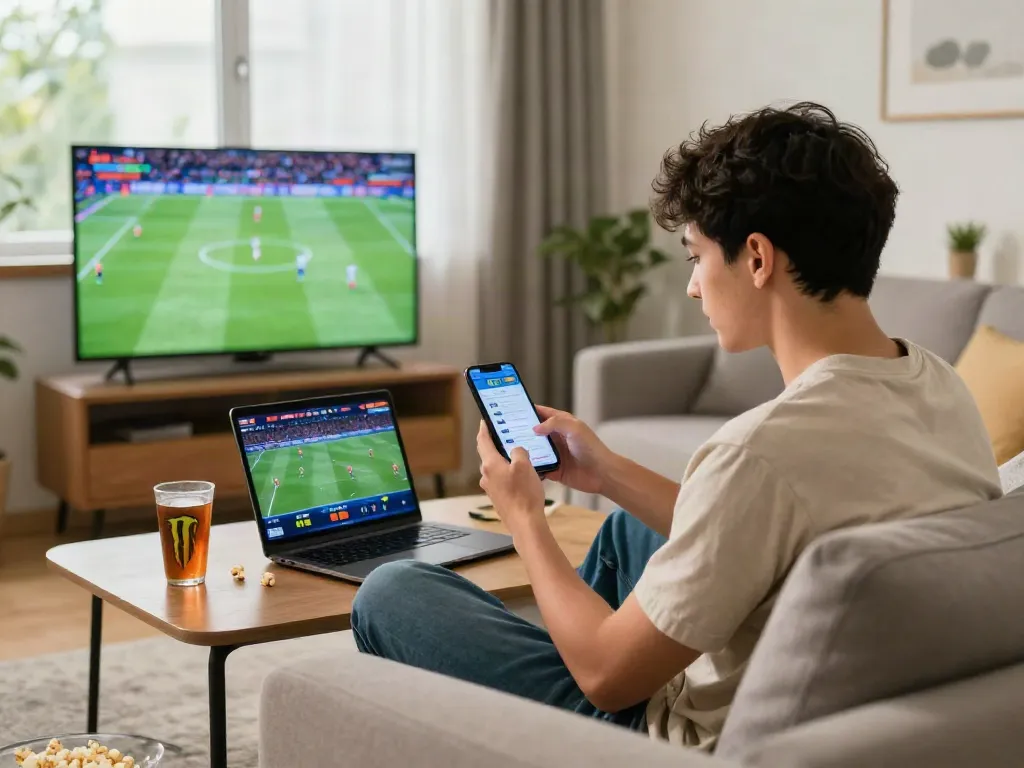 Young adult engaging with sports betting on statymuzona.lt in a cozy living room.