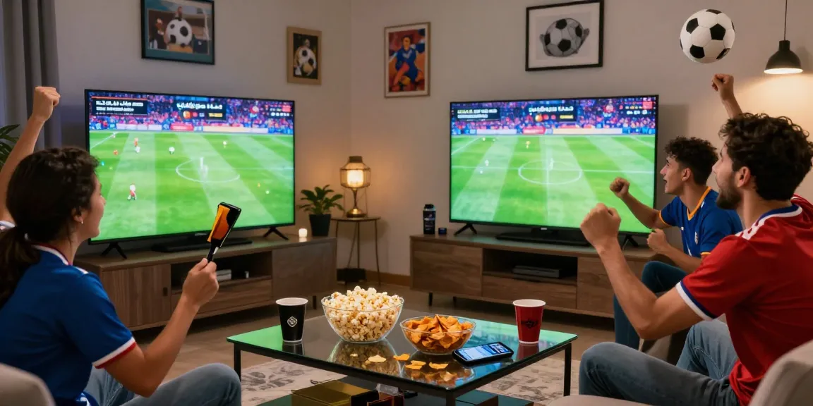 Exciting scene of friends enjoying كورة لايف matches in a cozy living room with vibrant TV graphics and snacks.
