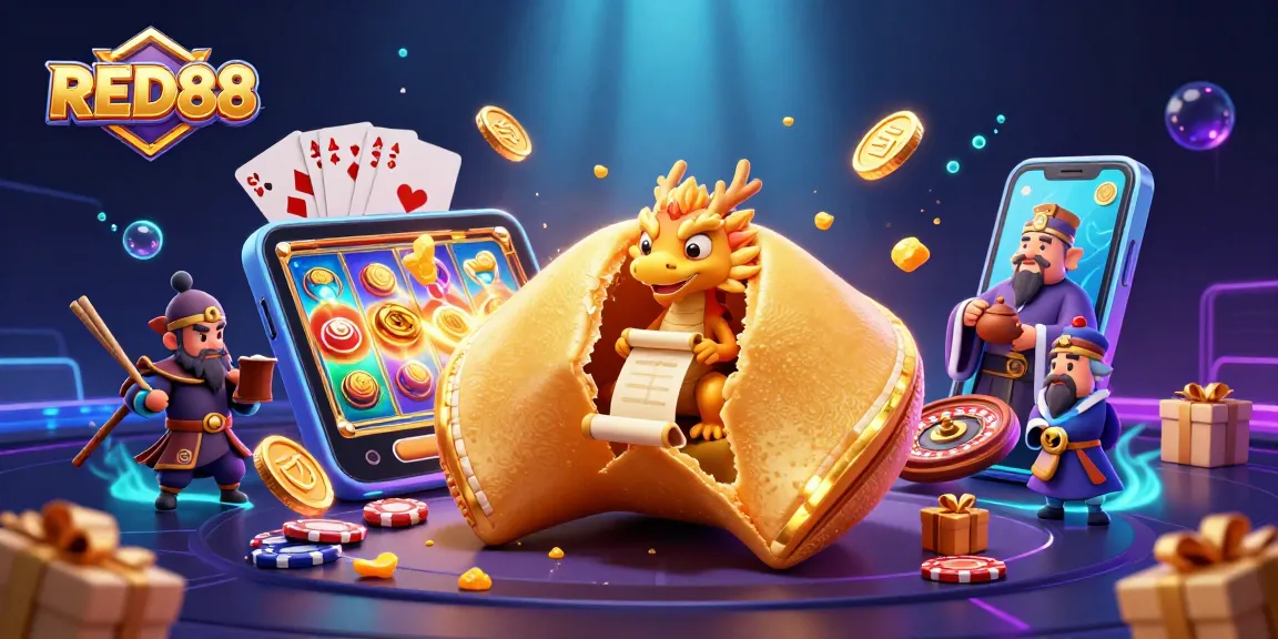 Engage with RED88 through this lively 3D illustration of a golden fortune cookie and casino elements.