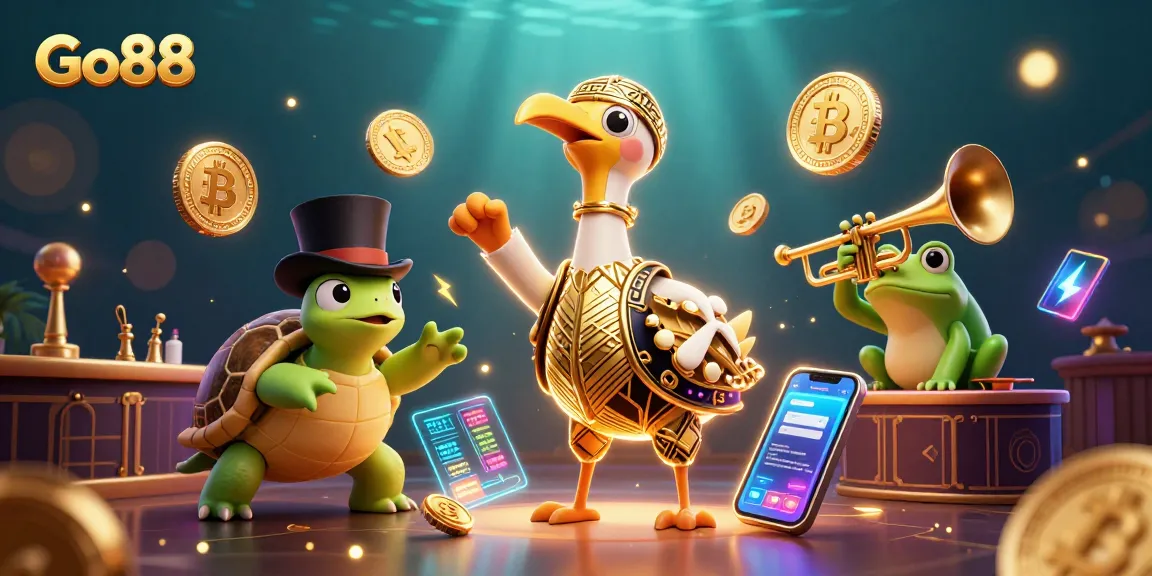 Experience Go88 with vibrant 3D characters and dynamic gambling elements in this illustration.