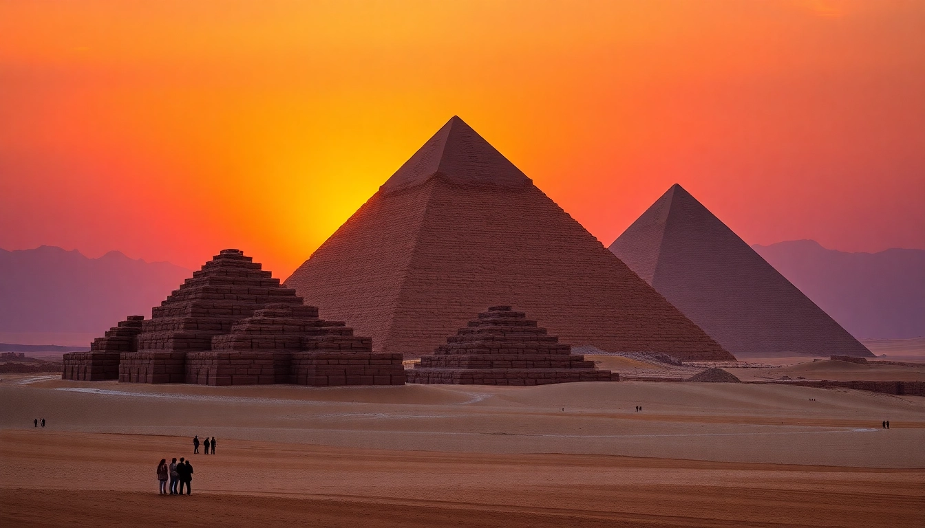 Explore the majestic Great Pyramids of Giza featured on https://piraminds.com/ during a stunning sunset.