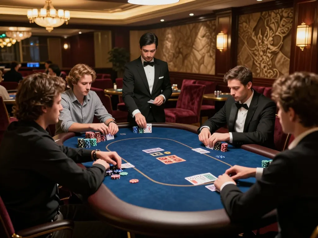 Players engaged in a thrilling poker game at the upscale MM88 casino, showcasing strategy and excitement.